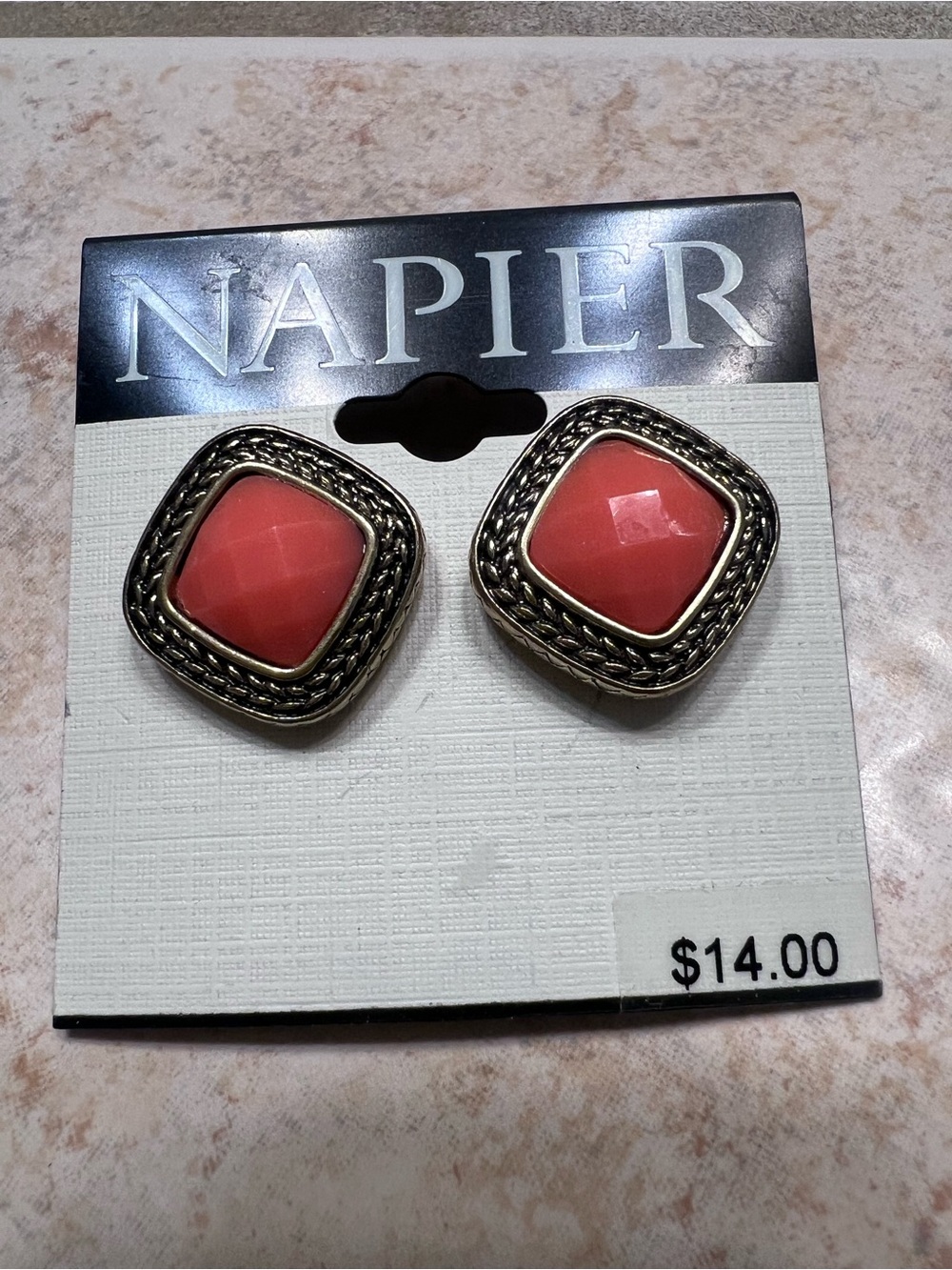 Napier Coral Square Cabochon Earrings with Antique Gold Frame